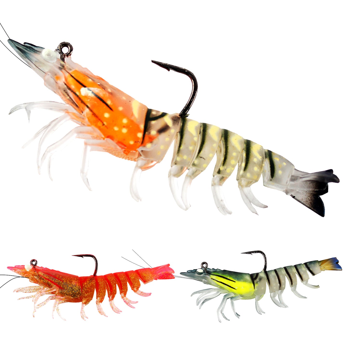 CASTSTRIKE 3Pcs Shrimp Fishing Lures for Saltwater and Freshwater Soft Bait Pre-Rigged Glow Eyes Lifelike Silicone Prawn Jig for Bass Trout Redfish Flounder Crappie Snook Walleye Fishing
