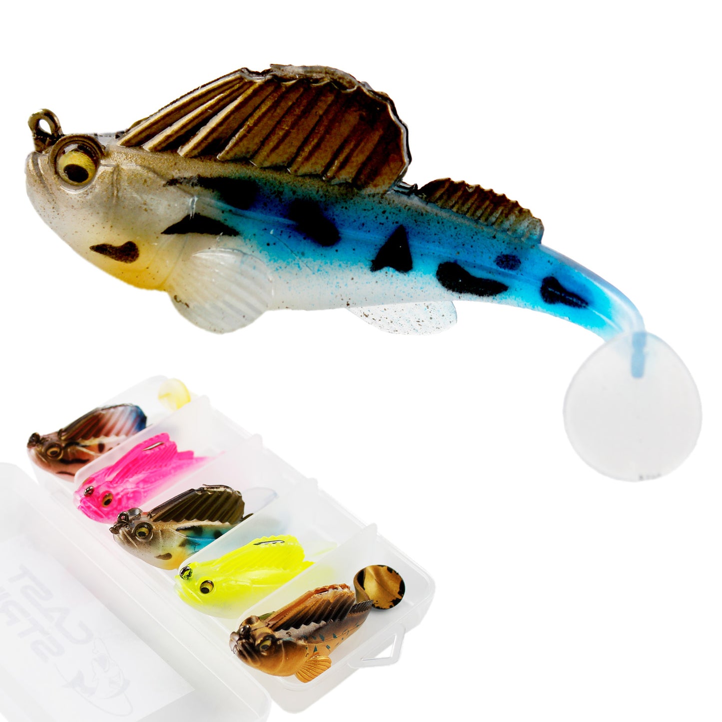 CASTSTRIKE Soft Fishing Lures 5pcs Kit with Tackle Box Weedless Paddle Tail Swimbaits for Bass Trout Crappie Walleye Freshwater Saltwater Life Like Action Durable Plastic Sharp Hooks