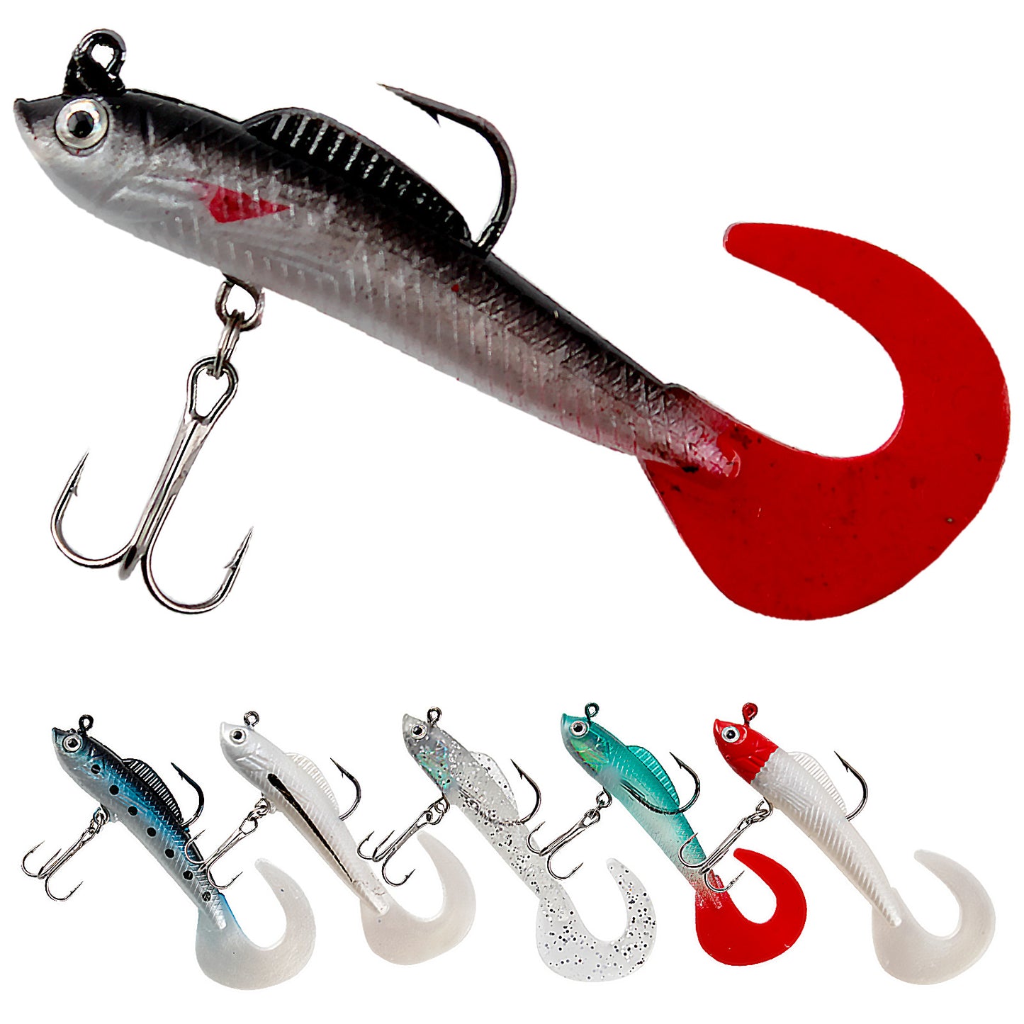 CASTSTRIKE Soft Fishing Lures for Bass 6pcs Curly Tail Swimbaits Pre-Rigged Jig Head Baits with Tackle Box for Freshwater Saltwater Trout Crappie Walleye Realistic Action 3D Eyes Sharp Hooks Kit
