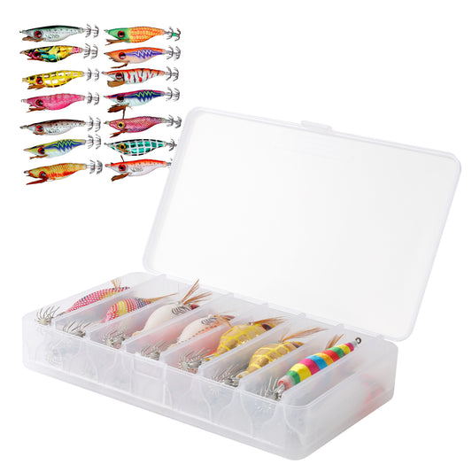 Double-Sided Tackle Box Organizer with 14 Squid Jigs, Minnow Lures, Crankbaits, Fishing Hooks – Compact Lure Storage Case for Saltwater Freshwater Kayak Boat Fishing