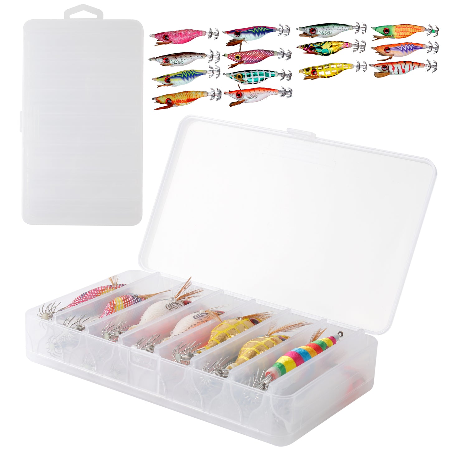 Double-Sided Tackle Box Organizer with 14 Squid Jigs, Minnow Lures, Crankbaits, Fishing Hooks – Compact Lure Storage Case for Saltwater Freshwater Kayak Boat Fishing
