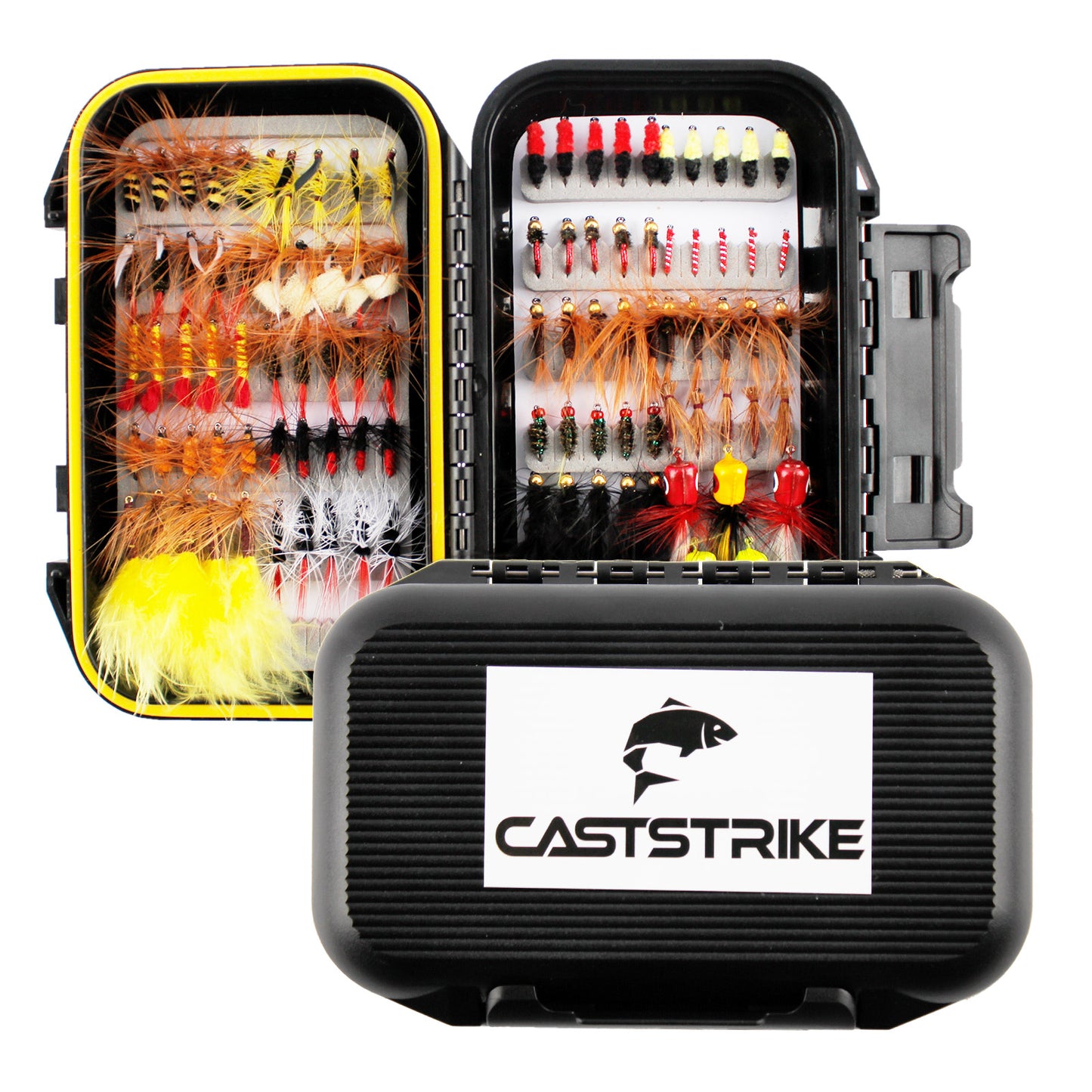 CASTSTRIKE Fly Fishing Flies Kit 100pcs Dry Wet Nymph Streamer Lures Set Fly Fishing Gear Tackle Hooks for Trout Bass Salmon with Waterproof Double Sided Fly Box Assortment Hand Tied Fly Lures