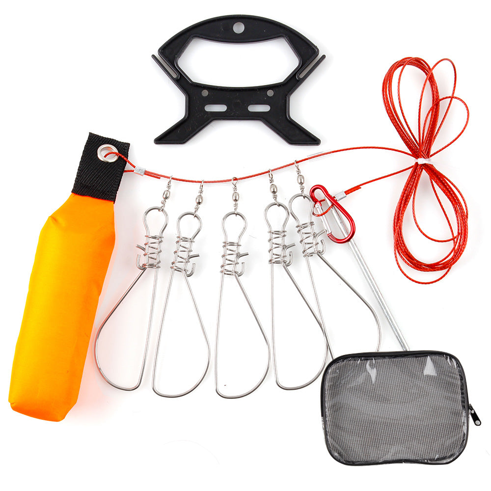 Fish Stringer Kit 5-Hook Floating Buoy Tangle-Free Rope Clip Lock and Carry Bag for Kayak Boat and Shore Fishing