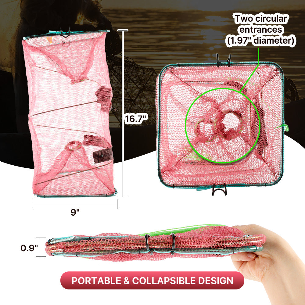 Fish Bait Trap 2 Pack Portable Foldable Collapsible Fishing Net for Shrimp Crawfish Minnow and Crab Lightweight Durable Design Easy to Carry 16.7 x 9 Inches