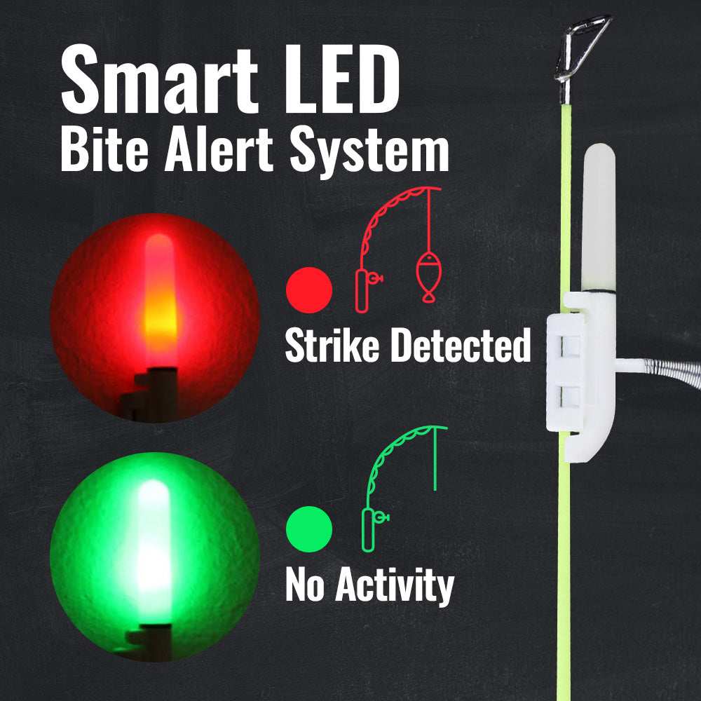 Fishing Bite Alarm Bell for Rod 6 PCS LED Smart Sensor Light Turns Red on Fish Strike Night Fishing Sound Alert with Clip-on Design