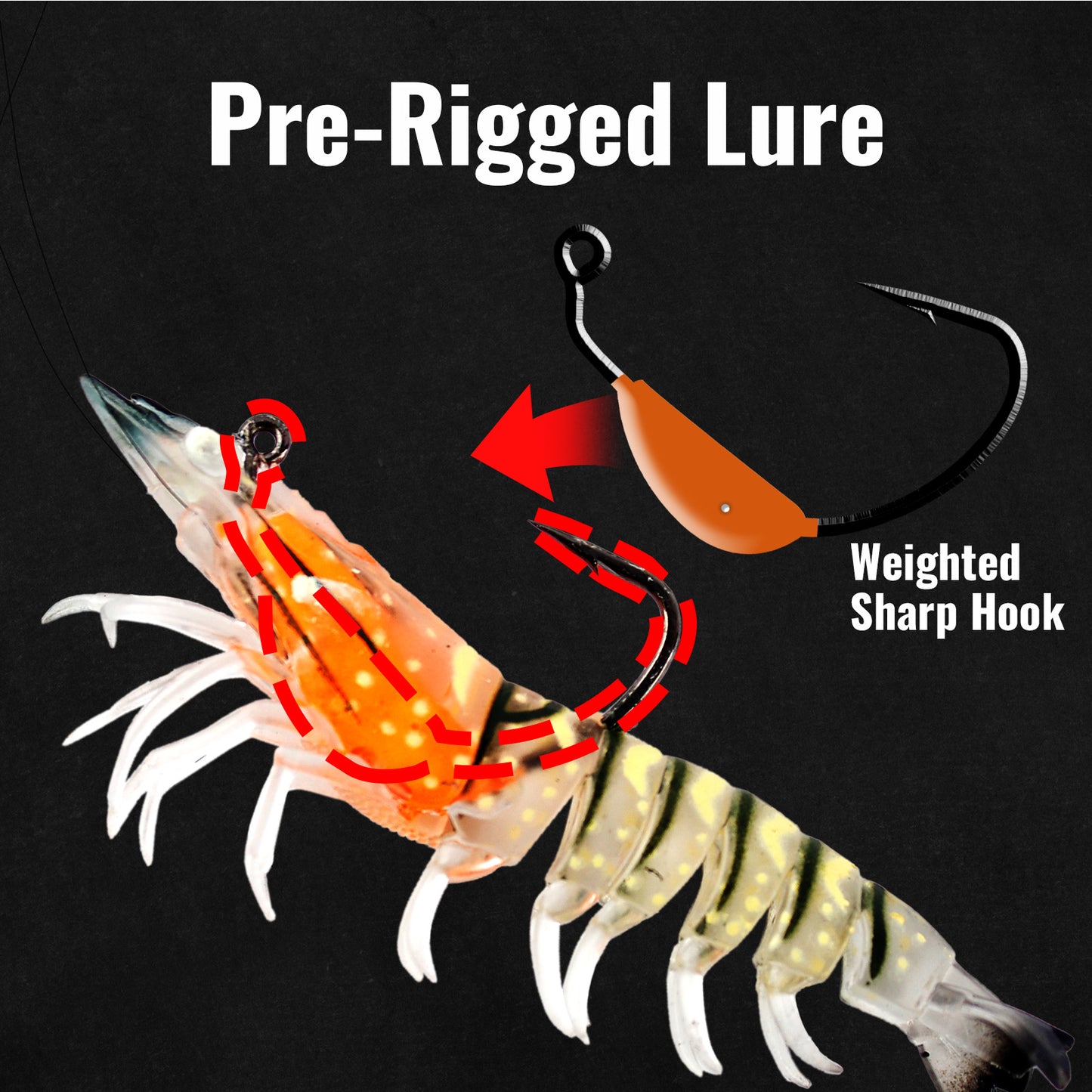 CASTSTRIKE 3Pcs Shrimp Fishing Lures for Saltwater and Freshwater Soft Bait Pre-Rigged Glow Eyes Lifelike Silicone Prawn Jig for Bass Trout Redfish Flounder Crappie Snook Walleye Fishing