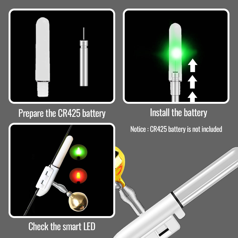 Fishing Bite Alarm Bell for Rod 6 PCS LED Smart Sensor Light Turns Red on Fish Strike Night Fishing Sound Alert with Clip-on Design