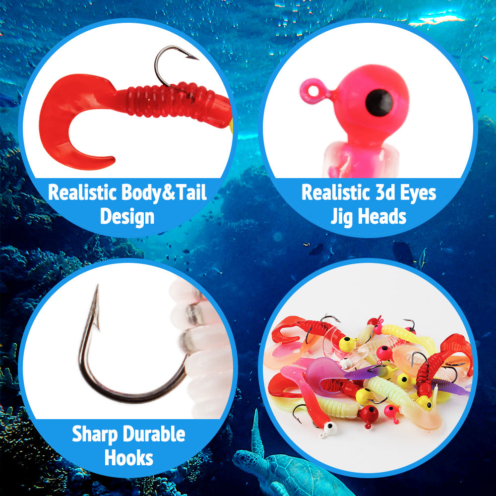 Crappie Jig Head and Soft Plastic Grub Lure Kit 17PCS Fishing Bait Set for Panfish, Bass, Trout – Multi-Color Soft Lures with Sharp Hooks Freshwater Tackle Box Essential
