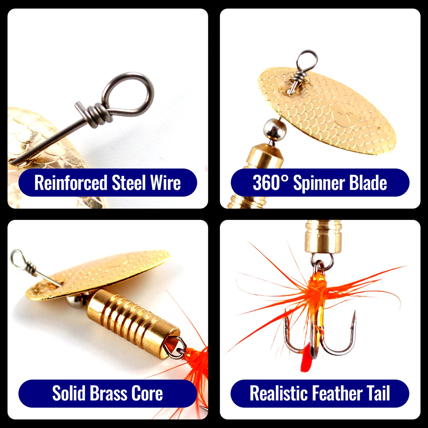 CASTSTRIKE Trout Spinnerbait Lures Inline Rooster Tail Fishing Kit Brass Spinner Baits with Smooth Rotation Flash Blade for Bass Pike Crappie Saltwater Freshwater Lake River 360 Balance Hook