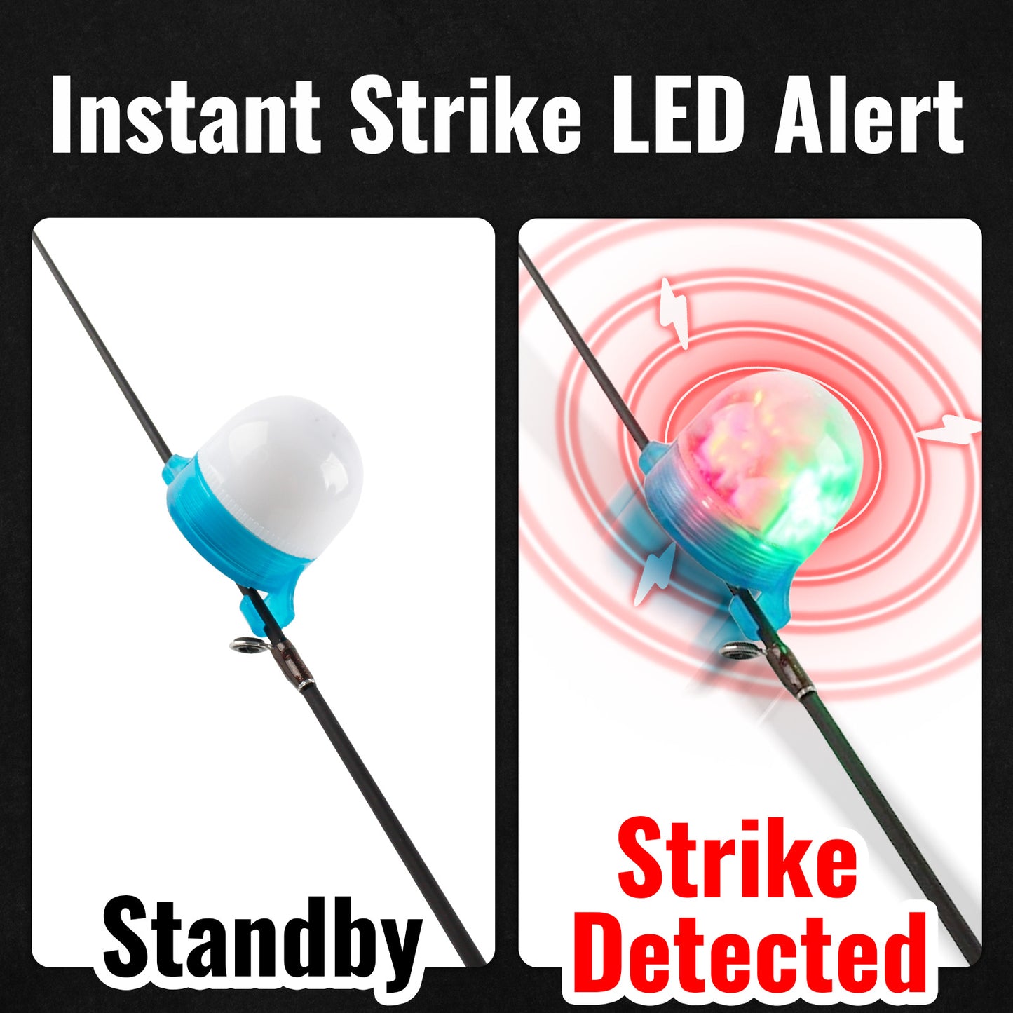 CASTSTRIKE LED Fishing Bite Alarm with Audible Sound and Flashing Light, Rod Tip Strike Alert Indicator with Extra Bells, Sensitive Bite Detection for Night Fishing Ice Fishing Carp Catfish