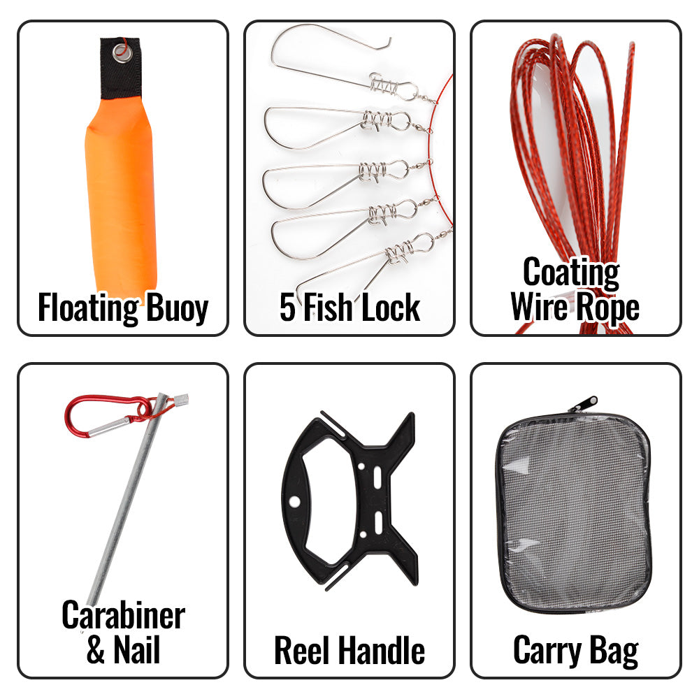 Fish Stringer Kit 5-Hook Floating Buoy Tangle-Free Rope Clip Lock and Carry Bag for Kayak Boat and Shore Fishing