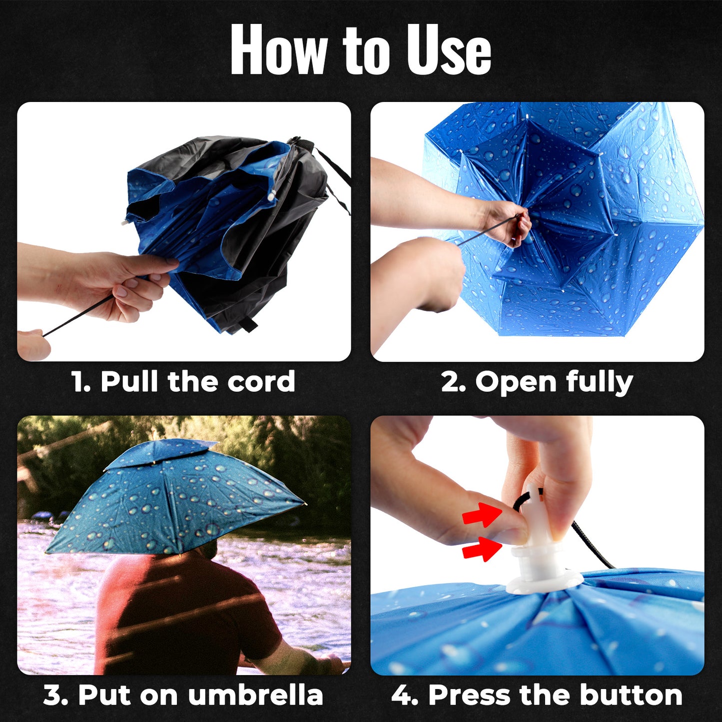 CASTSTRIKE Umbrella Hat Hands Free Head Umbrella for Adults Fishing Gardening Camping Beach Outdoor Hiking Festival, Double Layer Wearable Sun Rain Cap, Adjustable Chin Strap and Foldable
