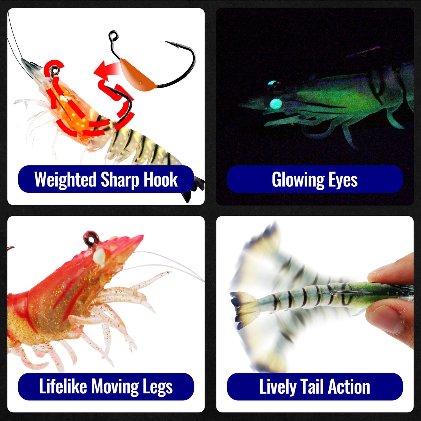 CASTSTRIKE 3Pcs Shrimp Fishing Lures for Saltwater and Freshwater Soft Bait Pre-Rigged Glow Eyes Lifelike Silicone Prawn Jig for Bass Trout Redfish Flounder Crappie Snook Walleye Fishing
