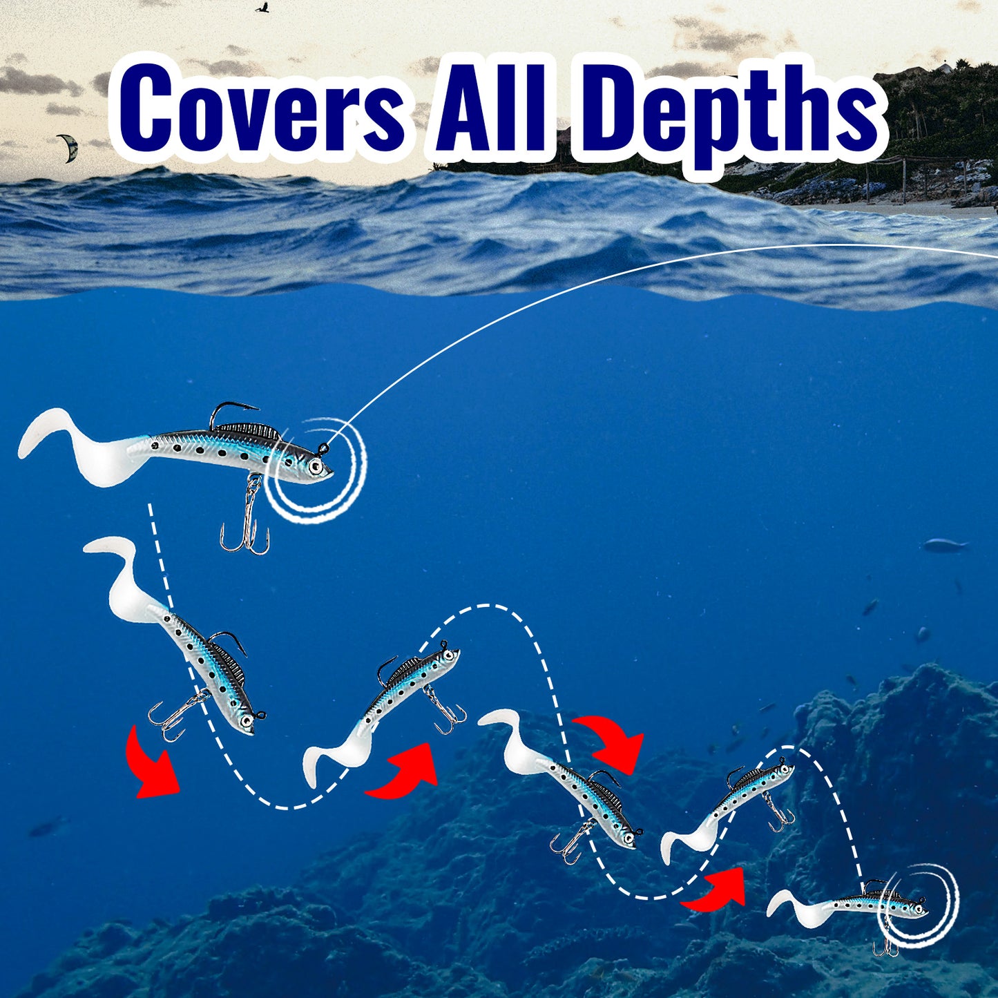 CASTSTRIKE Soft Fishing Lures for Bass 6pcs Curly Tail Swimbaits Pre-Rigged Jig Head Baits with Tackle Box for Freshwater Saltwater Trout Crappie Walleye Realistic Action 3D Eyes Sharp Hooks Kit