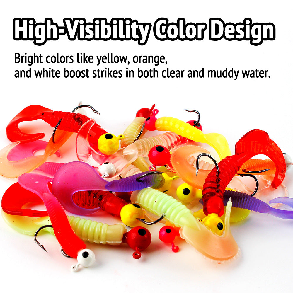 Crappie Jig Head and Soft Plastic Grub Lure Kit 17PCS Fishing Bait Set for Panfish, Bass, Trout – Multi-Color Soft Lures with Sharp Hooks Freshwater Tackle Box Essential