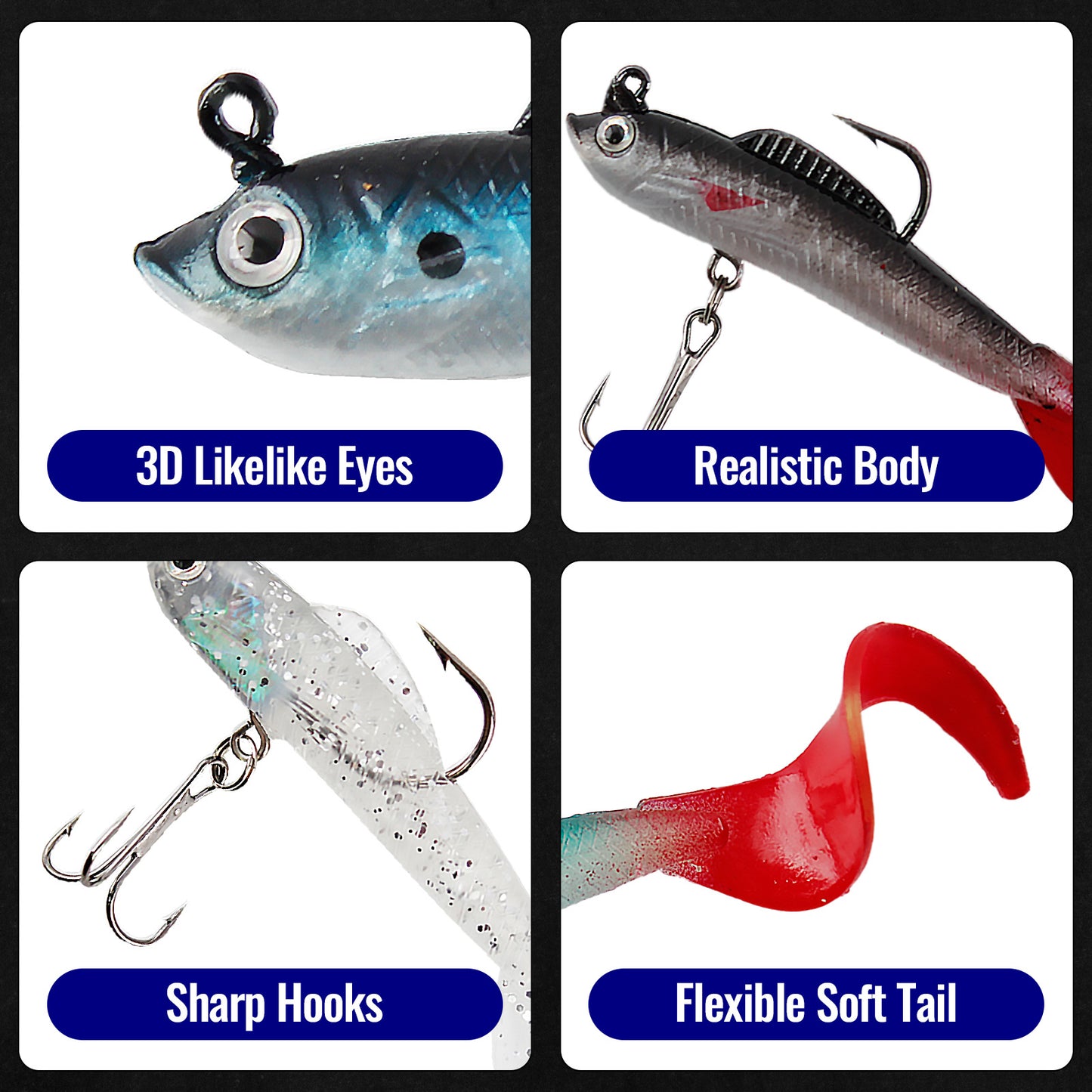 CASTSTRIKE Soft Fishing Lures for Bass 6pcs Curly Tail Swimbaits Pre-Rigged Jig Head Baits with Tackle Box for Freshwater Saltwater Trout Crappie Walleye Realistic Action 3D Eyes Sharp Hooks Kit