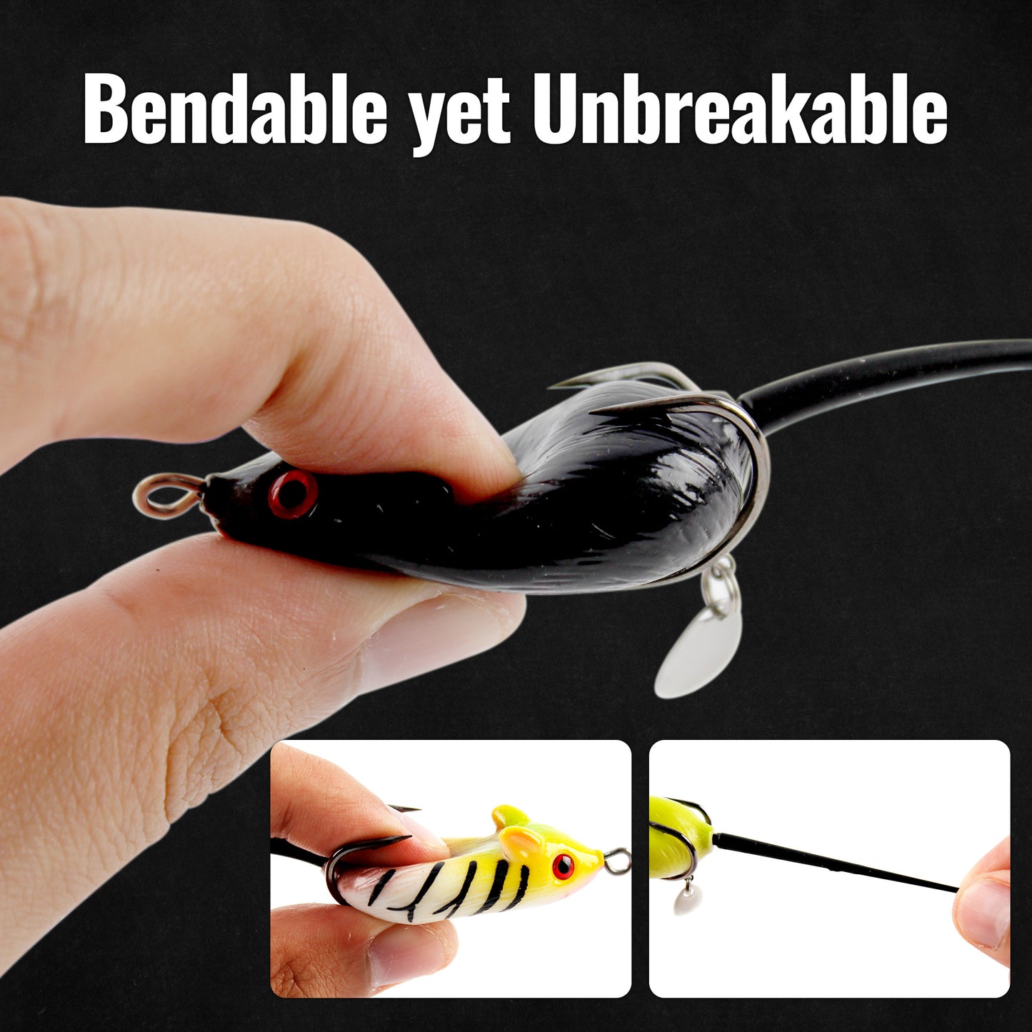 CASTSTRIKE Topwater Mouse Rat Fishing Lure, 5pcs Realistic Soft Rat Bait for Bass, Trout, Pike, Muskie, Hollow Body, Weedless Double‑Barb Hooks, Spinnerbait Blade, Glide Bait & Crankbait Compatible