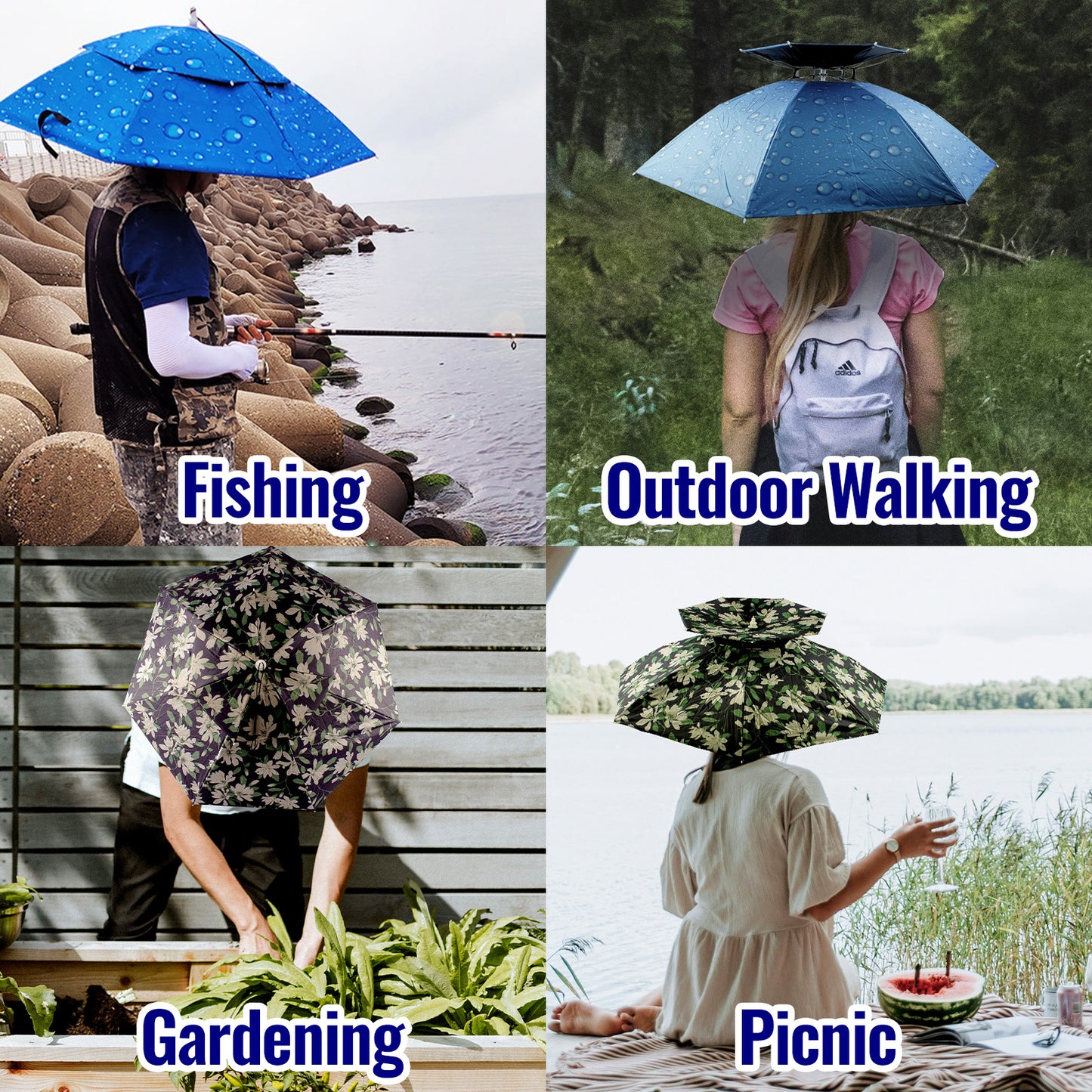CASTSTRIKE Umbrella Hat Hands Free Head Umbrella for Adults Fishing Gardening Camping Beach Outdoor Hiking Festival, Double Layer Wearable Sun Rain Cap, Adjustable Chin Strap and Foldable
