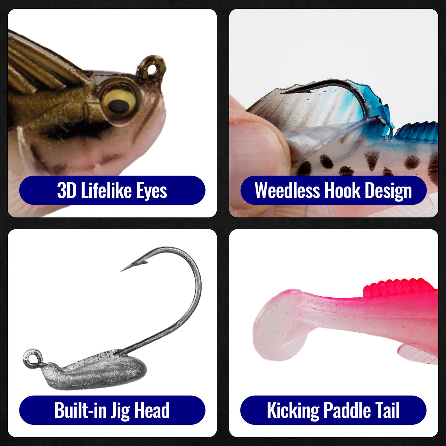 CASTSTRIKE Soft Fishing Lures 5pcs Kit with Tackle Box Weedless Paddle Tail Swimbaits for Bass Trout Crappie Walleye Freshwater Saltwater Life Like Action Durable Plastic Sharp Hooks