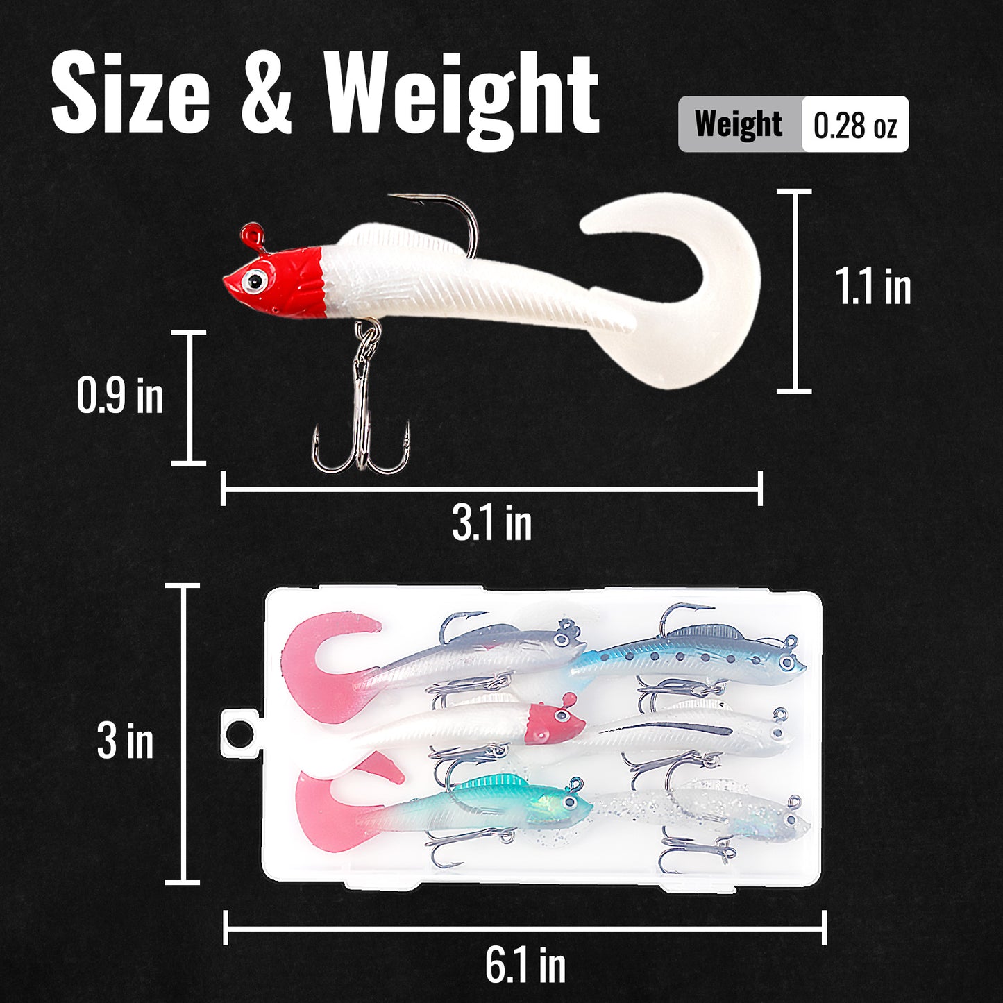 CASTSTRIKE Soft Fishing Lures for Bass 6pcs Curly Tail Swimbaits Pre-Rigged Jig Head Baits with Tackle Box for Freshwater Saltwater Trout Crappie Walleye Realistic Action 3D Eyes Sharp Hooks Kit