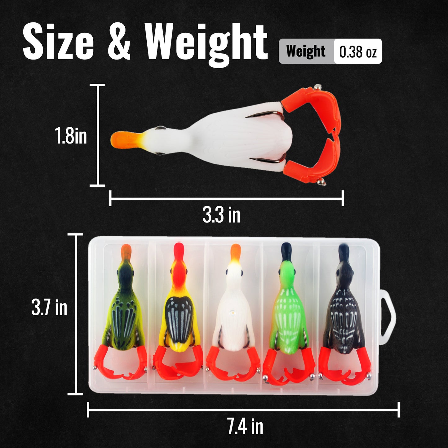 CASTSTRIKE Topwater Duck Lures for Bass Fishing, 5pcs Realistic Soft Weedless Duck Bait Floating with Tackle Box Freshwater Saltwater Pike Musky Catfish Topwater Swimbait Duckling Lure Propeller