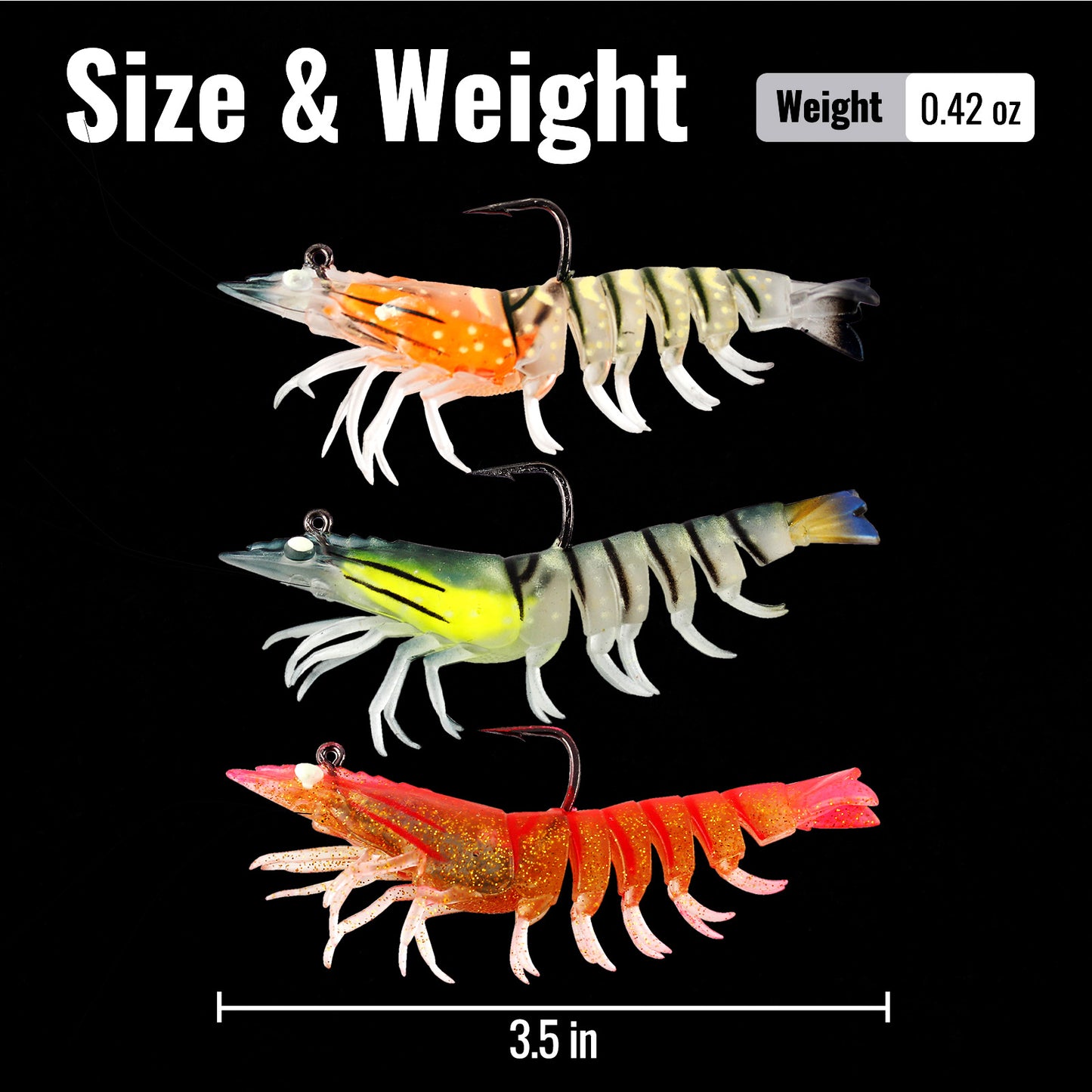 CASTSTRIKE 3Pcs Shrimp Fishing Lures for Saltwater and Freshwater Soft Bait Pre-Rigged Glow Eyes Lifelike Silicone Prawn Jig for Bass Trout Redfish Flounder Crappie Snook Walleye Fishing