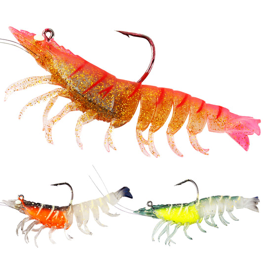 CASTSTRIKE 3Pcs Shrimp Fishing Lures for Saltwater and Freshwater Soft Bait Pre-Rigged Glow Eyes Lifelike Silicone Prawn Jig for Bass Trout Redfish Flounder Crappie Snook Walleye Fishing