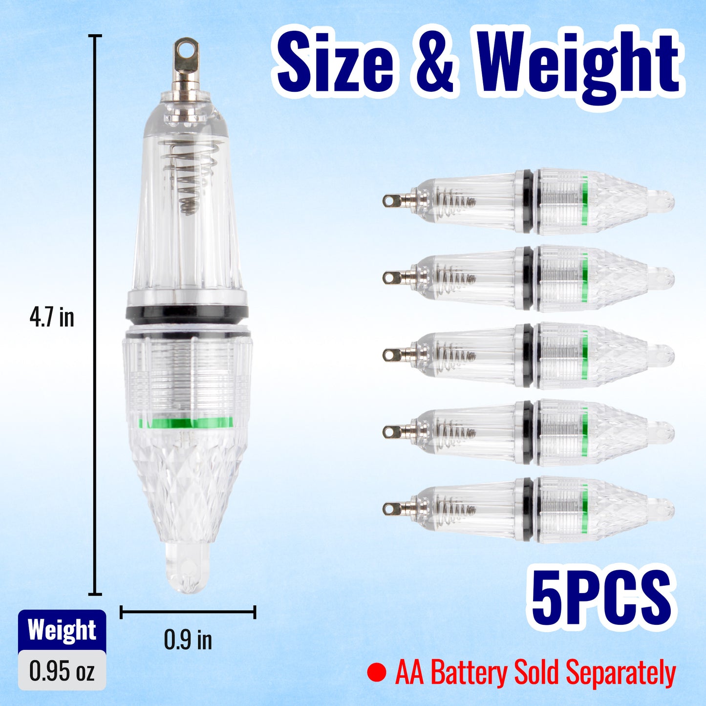 CASTSTRIKE Underwater Fishing Light 5pcs Set for Deep Drop Submersible LED Flashing Lure Bait with AA Battery for Saltwater Freshwater Tuna Squid Swordfish Boat Rig Night Fishing