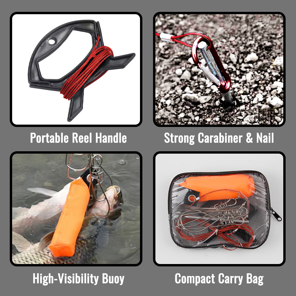 Fish Stringer Kit 5-Hook Floating Buoy Tangle-Free Rope Clip Lock and Carry Bag for Kayak Boat and Shore Fishing