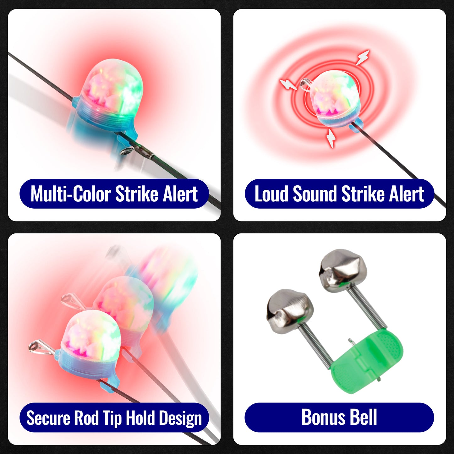 CASTSTRIKE LED Fishing Bite Alarm with Audible Sound and Flashing Light, Rod Tip Strike Alert Indicator with Extra Bells, Sensitive Bite Detection for Night Fishing Ice Fishing Carp Catfish