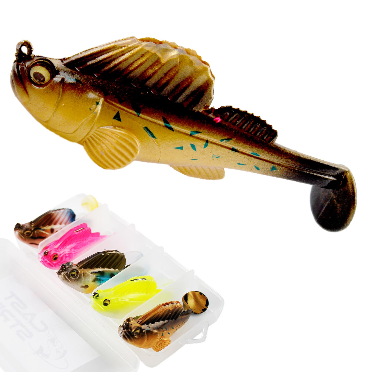 CASTSTRIKE Soft Fishing Lures 5pcs Kit with Tackle Box Weedless Paddle Tail Swimbaits for Bass Trout Crappie Walleye Freshwater Saltwater Life Like Action Durable Plastic Sharp Hooks